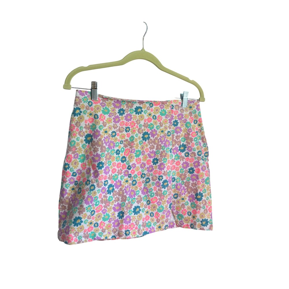 Wild Fable Floral Mini Skirt Womens 10 Multi Color Denim Slit Back Zip Retro